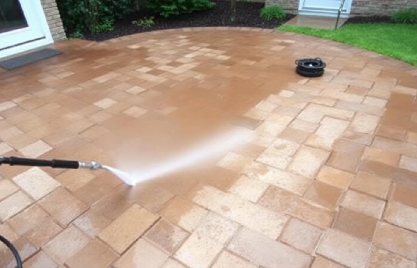 BlueWave technician surface cleaning a paver patio in Hillsborough, New Jersey